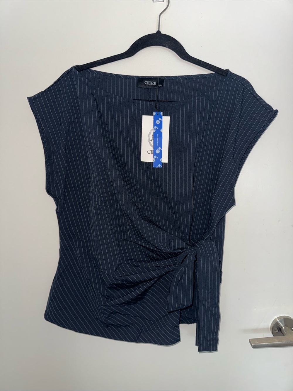 Cider Navy Pinstripe Wrap-Tie Women's Blouse